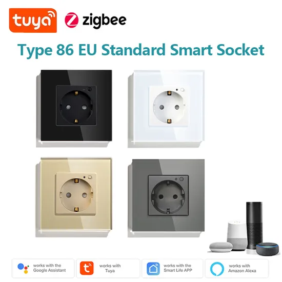 EU Germany Standard Tuya Zigbee Tempered Glass Panel Voice Control Remote Control Compatible Alexa Google Home Smart Wall Socket 