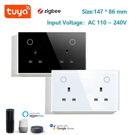 147 Type UK Standard Tuya Zigbee Smart Socket Tempered Glass Panel Voice Control Remote Control Compatible Alexa and Google Home Smart Wall Socket 