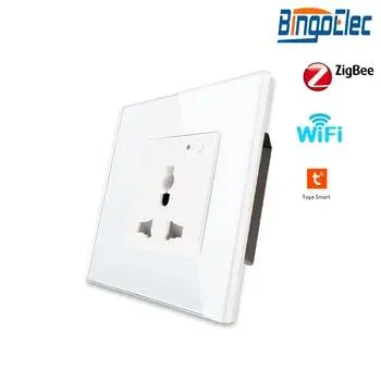 Bingoelec Smart Home Zigbee 16 AMP Glass Panel Universal Socket with RF433 Remote Function LED Indicator 
